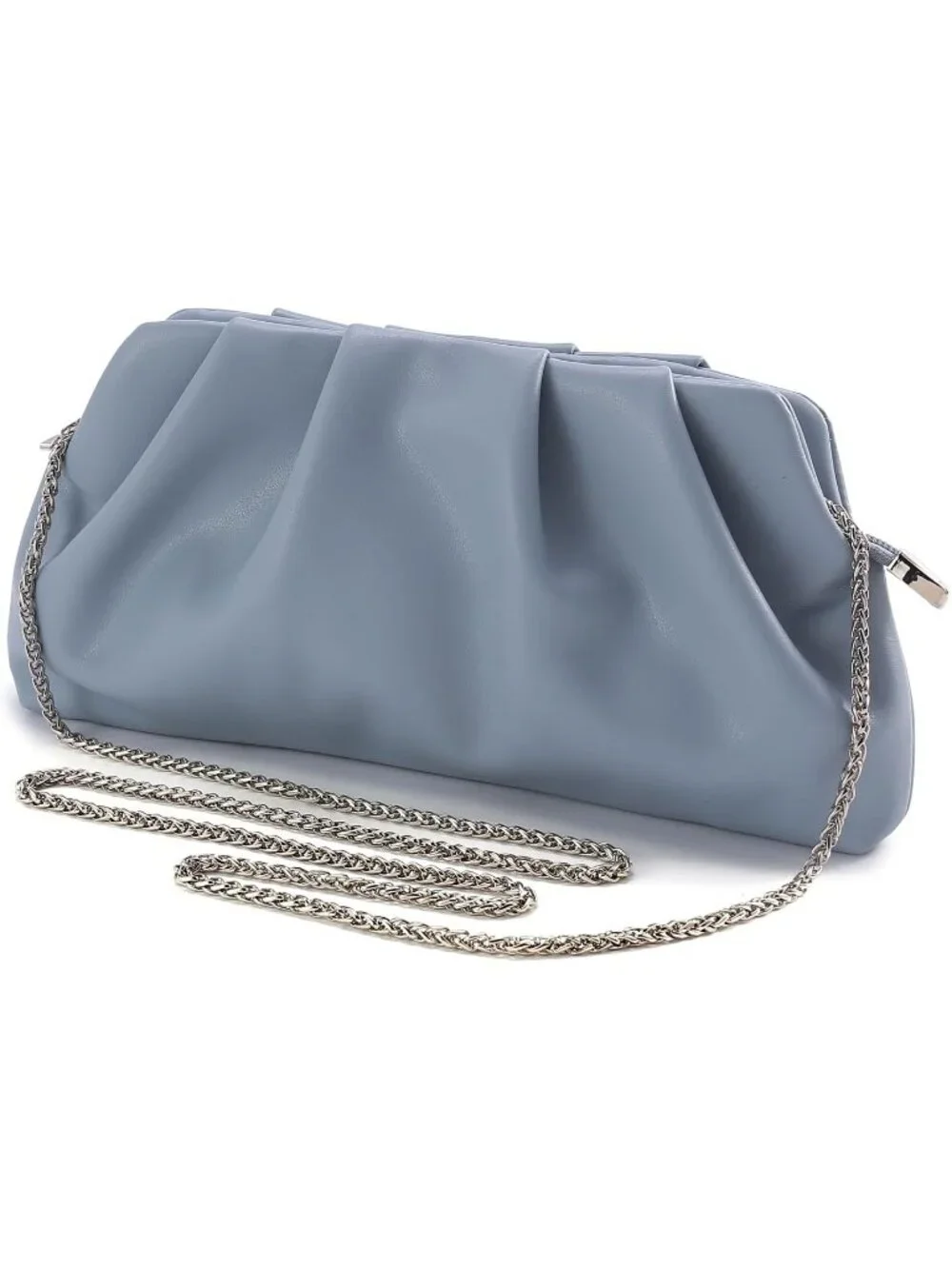 👜Women's Blue Leather Ruched Clutch Purse Detachable Metal Chain Crossbody Bag